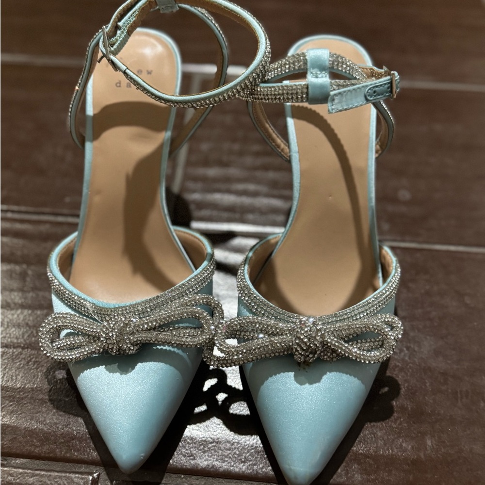 Elegant Blue Satin Women's Heels with Rhinestone Bow